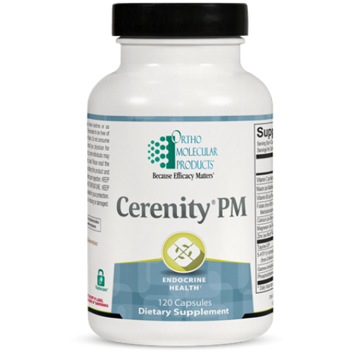 A bottle of OrthoMolecular Products Cerenity PM dietary supplement with 120 capsules, labeled for endocrine health and sleep support.
