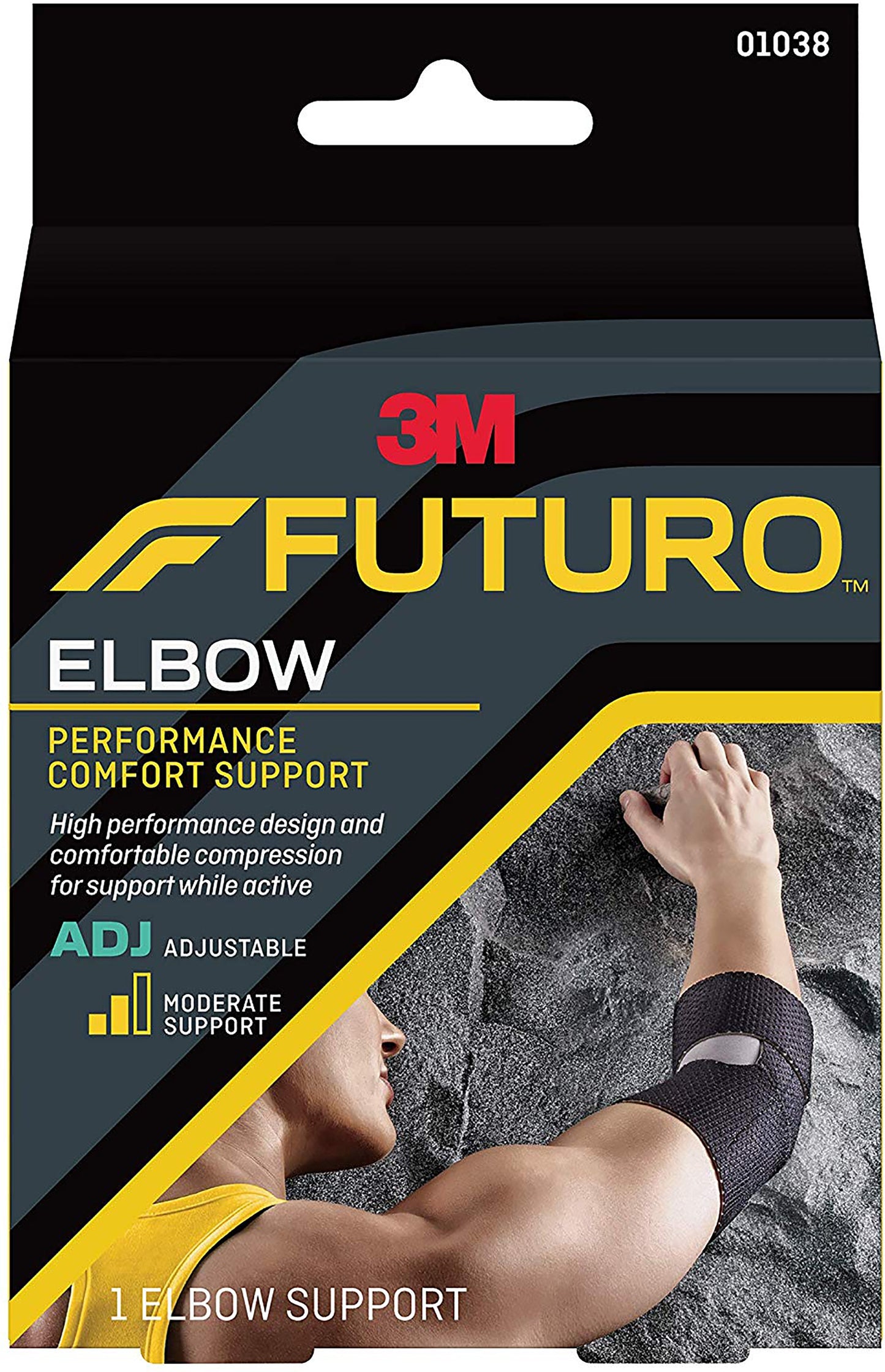 3M FUTURO elbow support packaging with a person using the support.
