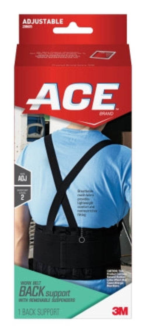 A picture of a red box with a picture of a male wearing a black ACE back support.