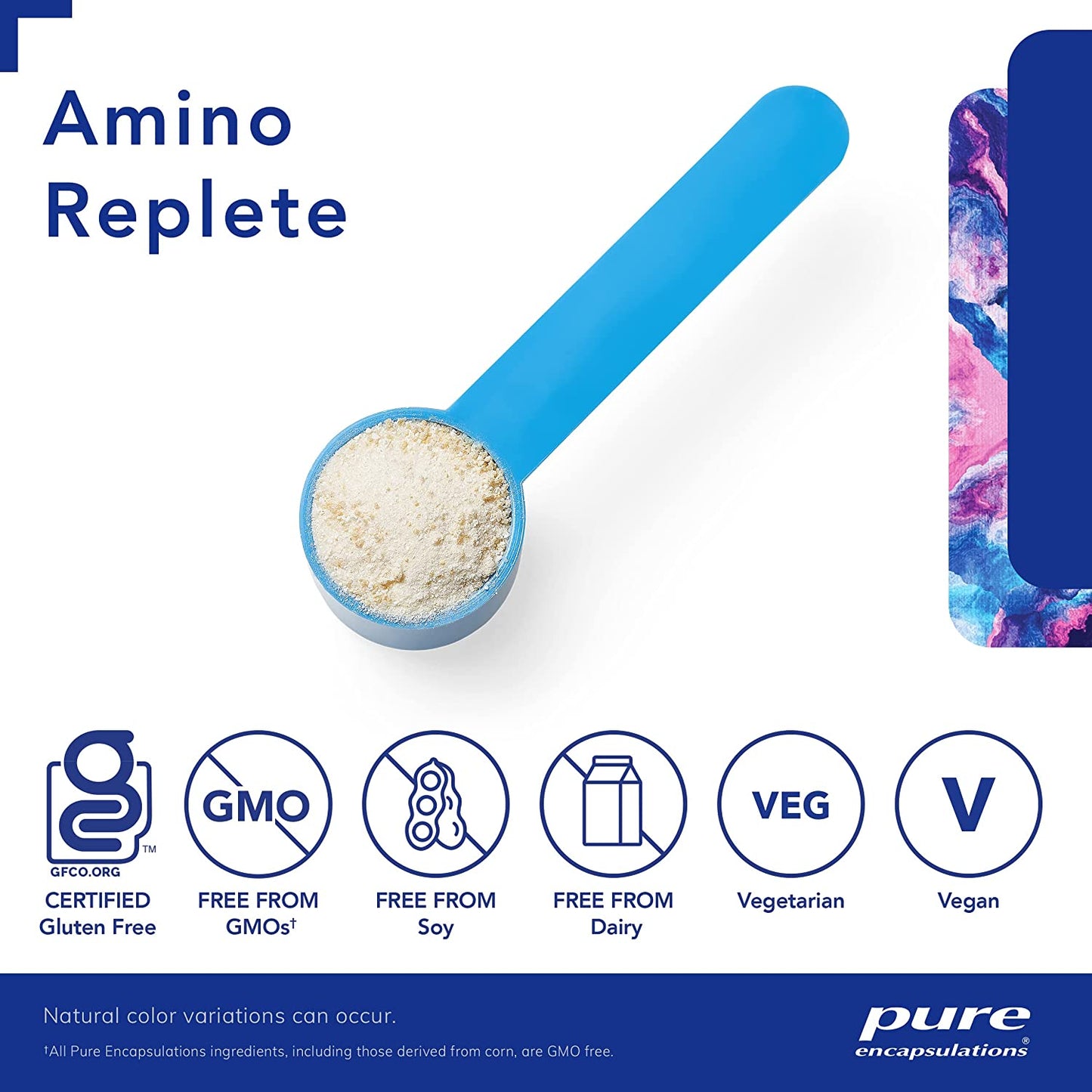 A picture of Pure Encapsulations Amino Replete dietary supplement powder. It is GF, GMO free, soy free, dairy free, vegetarian and vegan.