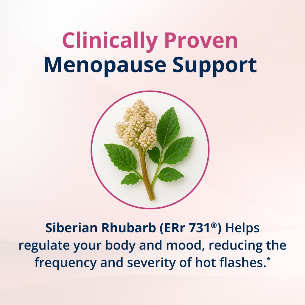 Advertisement for menopause support with Siberian Rhubarb on a light pink background