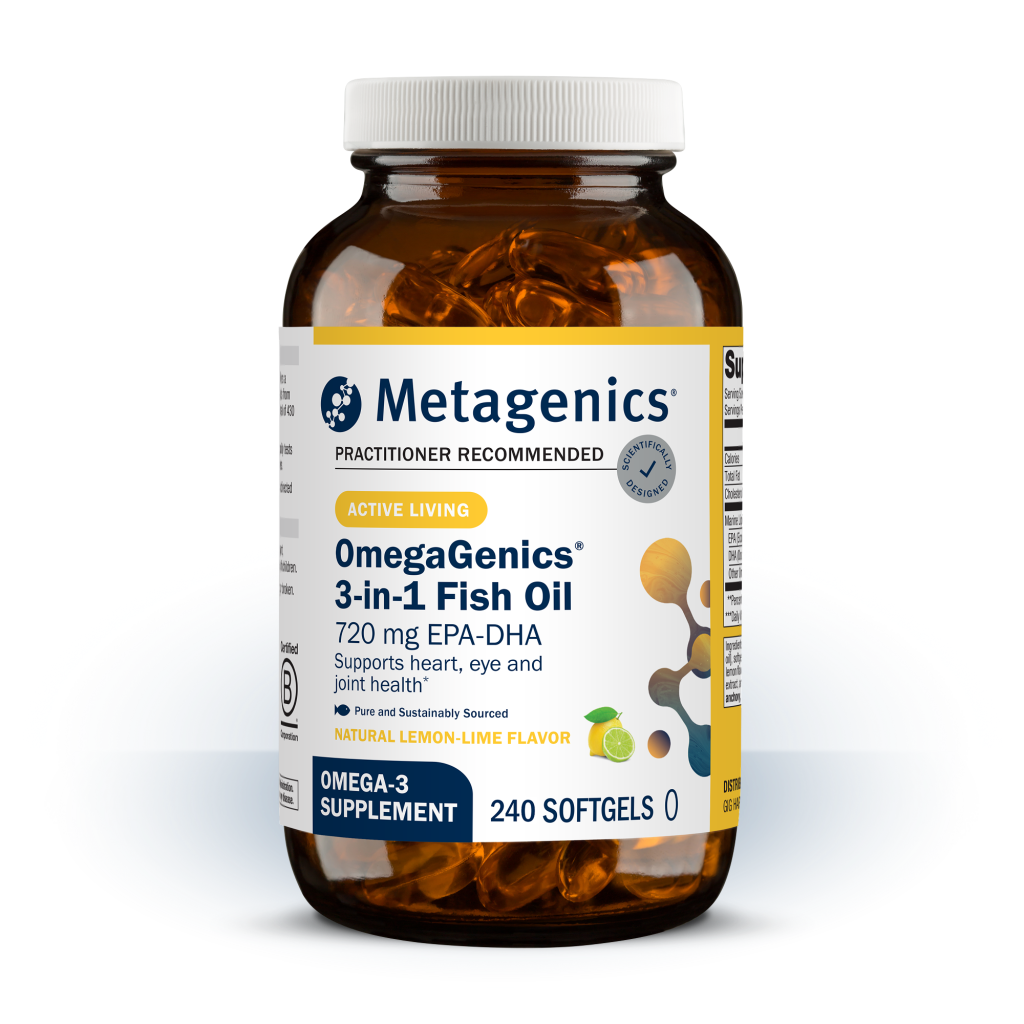 A bottle of Metagenics 3 in 1 fish oil. Lemon lime flavored. 240 Count