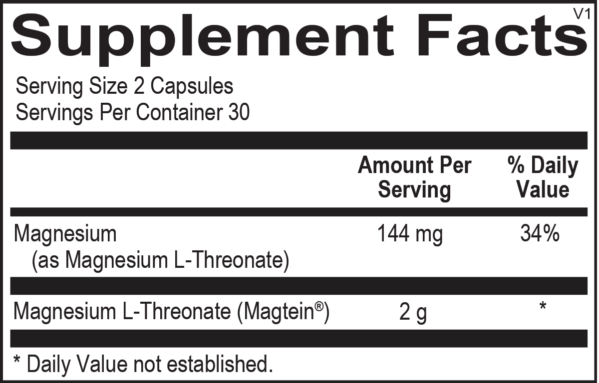 Supplement facts for a bottle of OrthoMolecular Products Magnesium Threonate dietary supplement