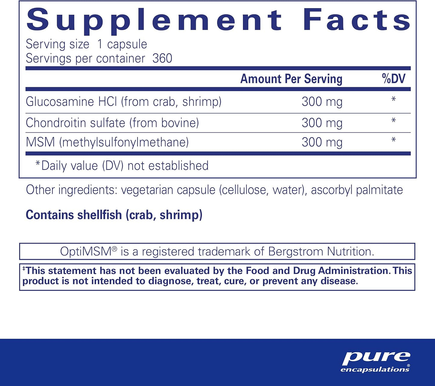 Supplement facts for a bottle of Pure Encapsulations Glucosamine Chondroitin with MSM dietary supplement