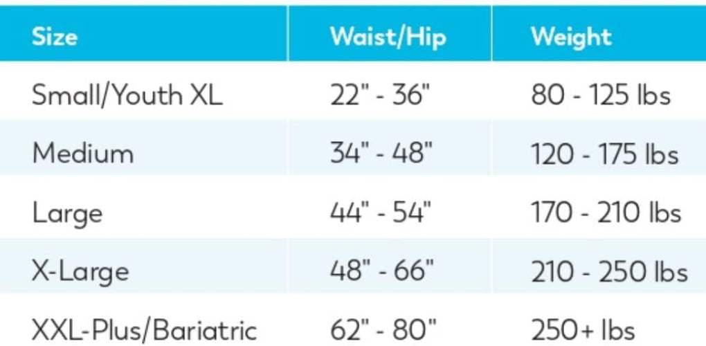 Size chart for the swim diaper