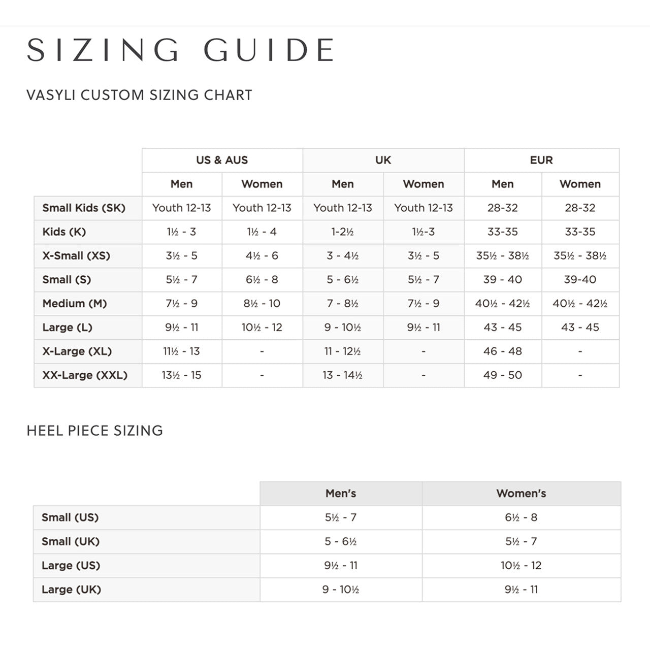 Vasyli Custom Sizing Chart for shoes with size conversions between US, AUS, UK, and EUR.