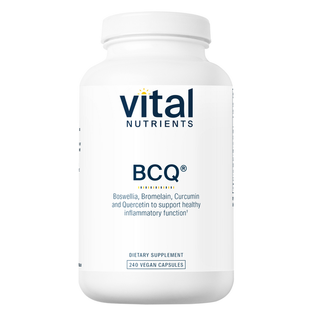 A bottle of Vital Nutrients BCQ dietary supplement with 240 vegan capsules, designed for immune support and resolution of inflammatory responses.