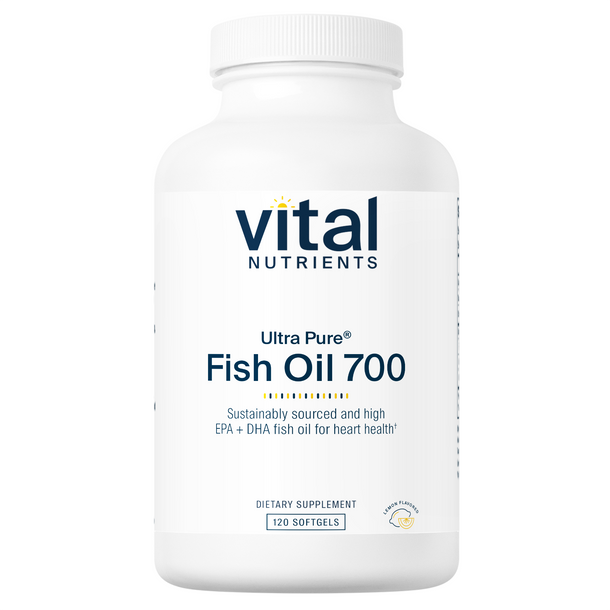 A bottle of Vital Nutrients Ultra Pure Fish Oil 700 softgels with a white label.