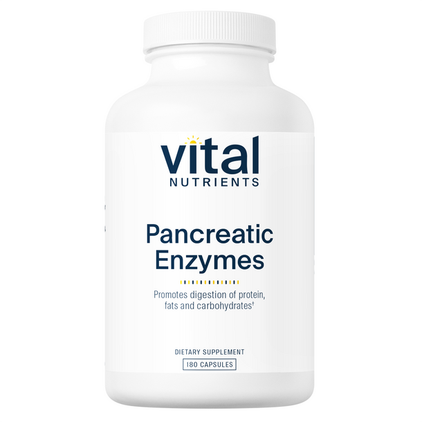 A bottle of Vital Nutrients Pancreatic Enzymes 1000mg dietary supplement with 180 capsules.