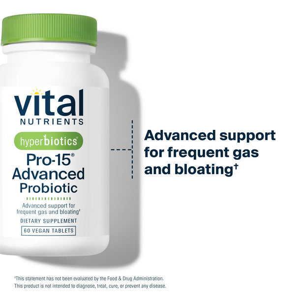 A bottle of Vital Nutrients Hyperbiotics Pro-15 Advanced Probiotic dietary supplement with green lid, displaying label that includes the product name and description.