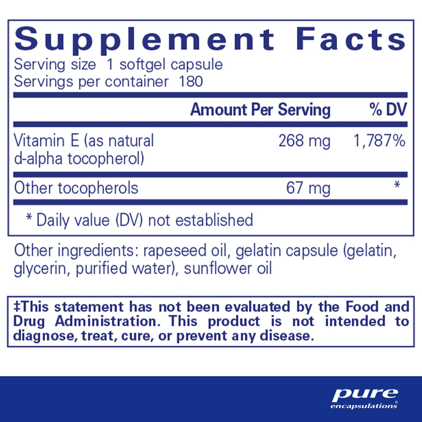 Supplement facts for a bottle of Pure Encapsulations Vitamin E with mixed tocopherols