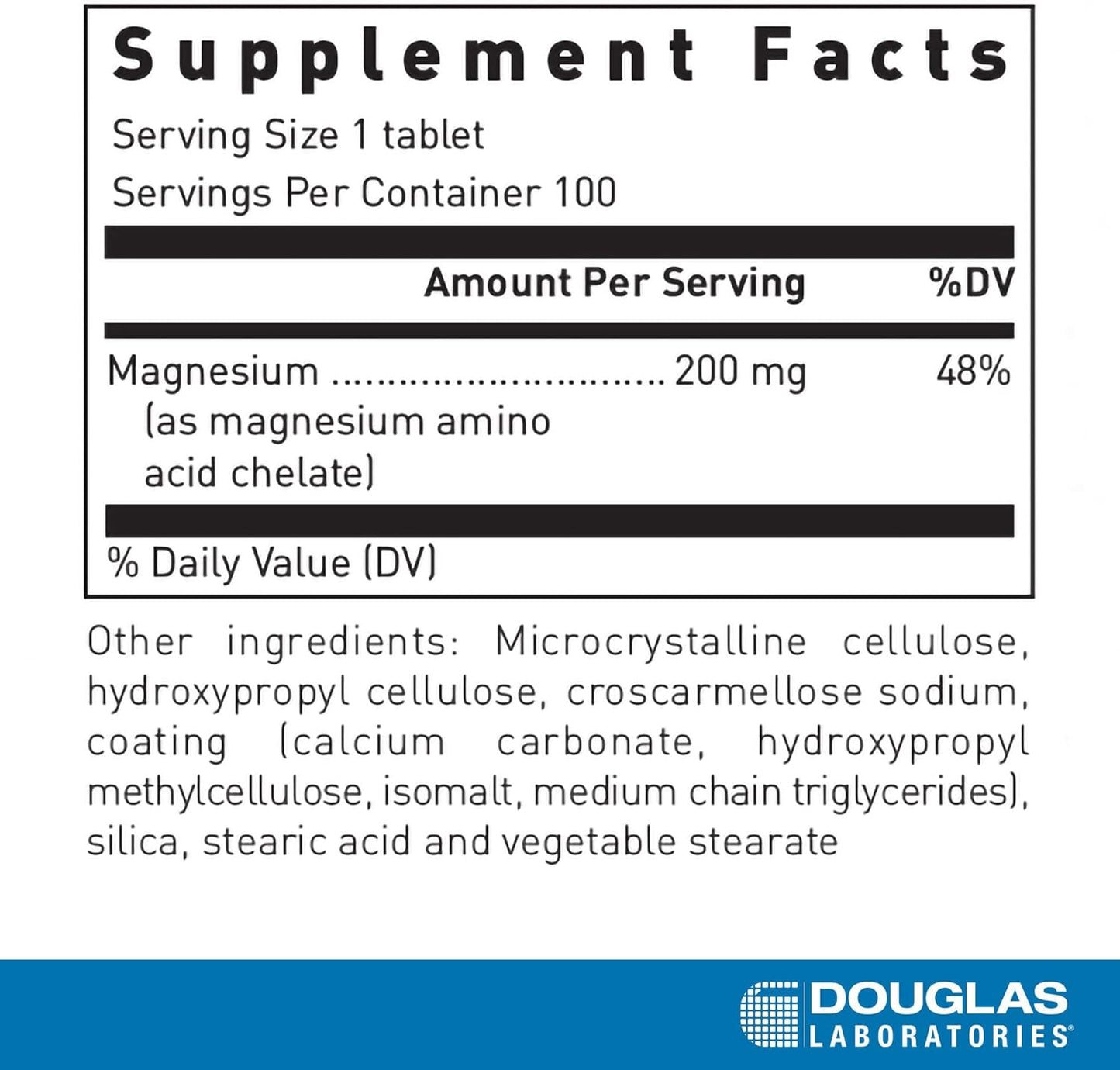 Supplement facts for a bottle of Douglas Labs Amino-Mag 200 dietary supplement