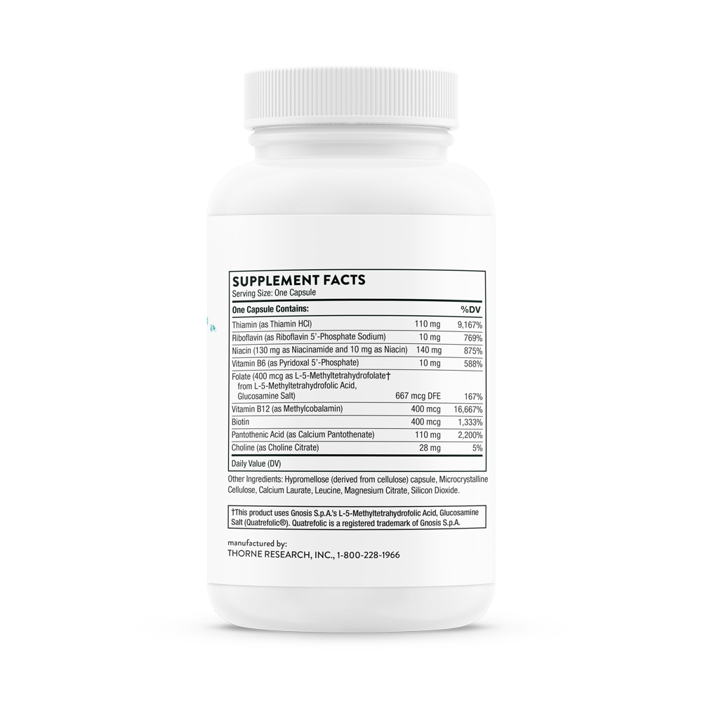 Supplement facts for a bottle of Thorne Basic B Complex dietary supplement