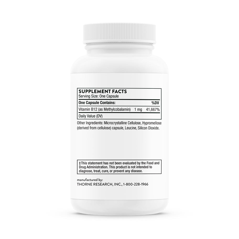 Supplement facts for a bottle of Thorne Vitamin B12 supplement