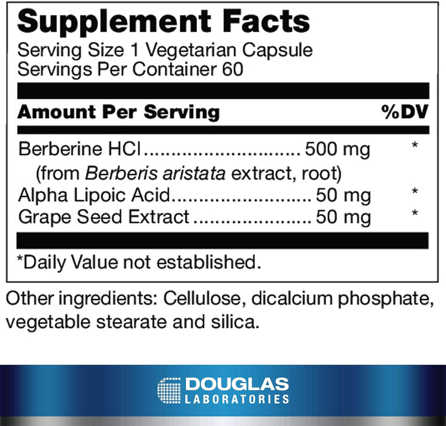 Supplement facts for a bottle of Douglas Labs Berberine Balance dietary supplement