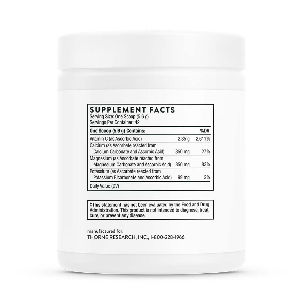 Supplement facts for a container of Thorne Buffered C Powder