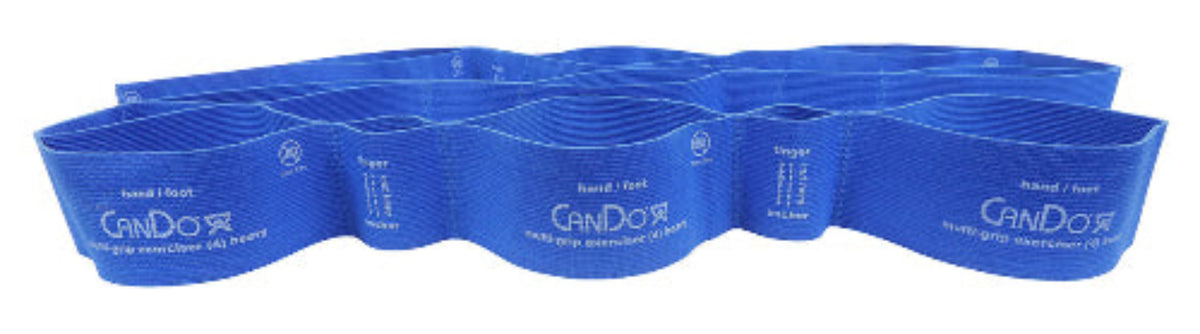A blue multi-grip exerciser with multiple loops of different sizes designed for fitness and workout routines.