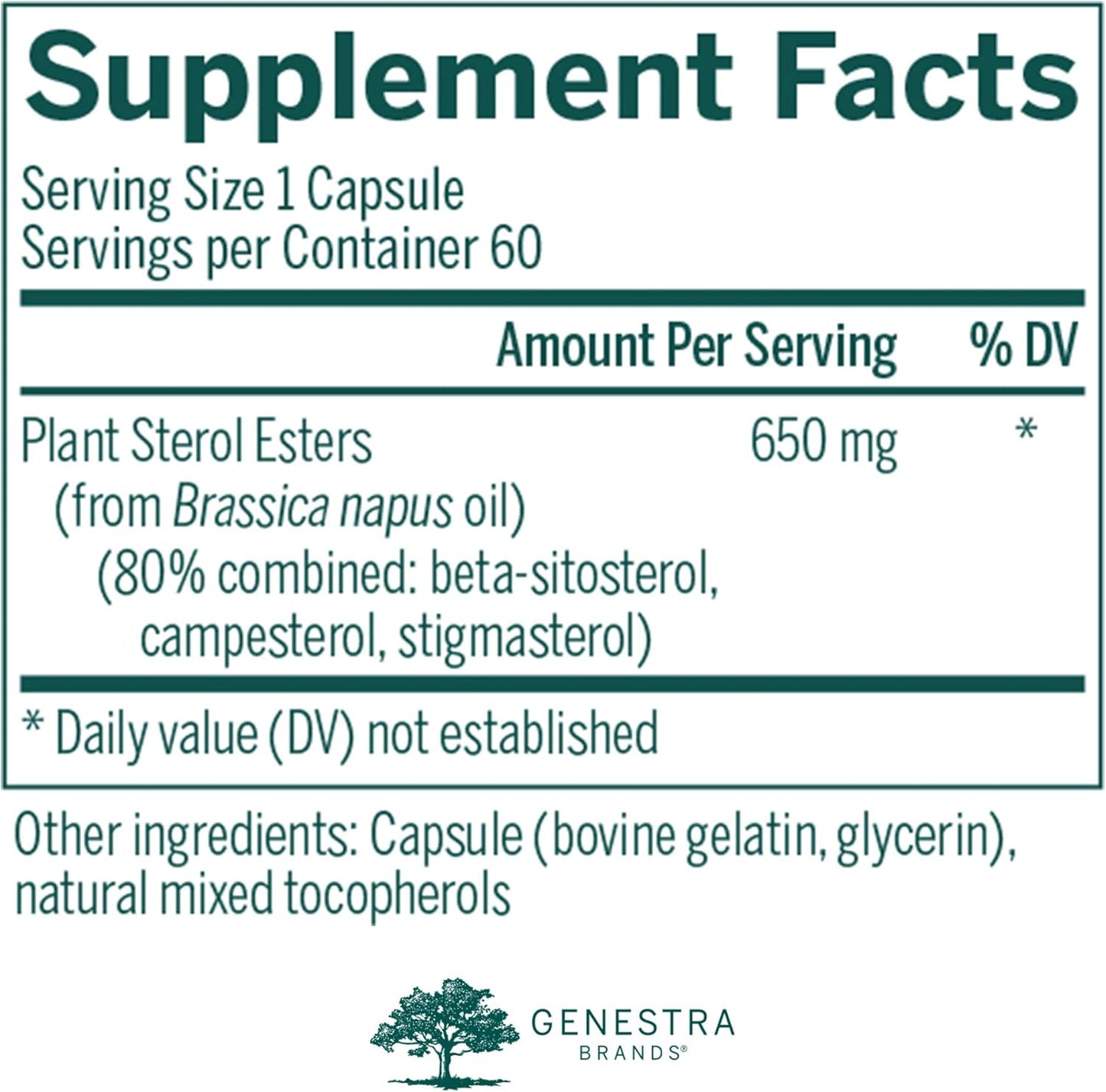 Supplement facts for a bottle of Genestra Brands Col-Sterol dietary supplement
