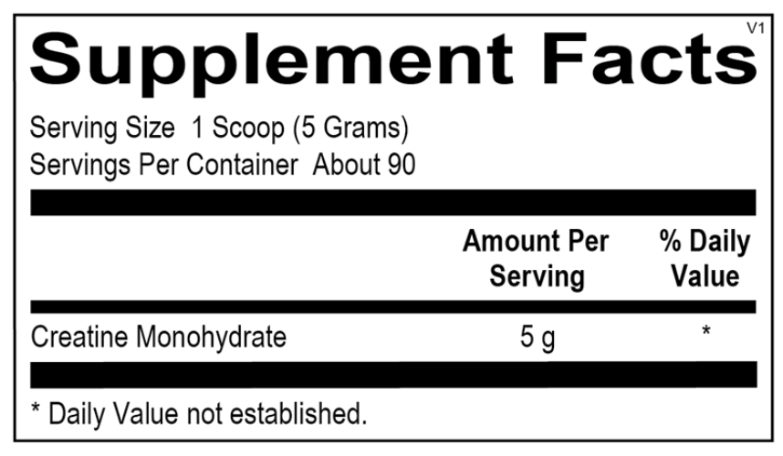 Supplement facts label for creatine monohydrate with serving size and container details.