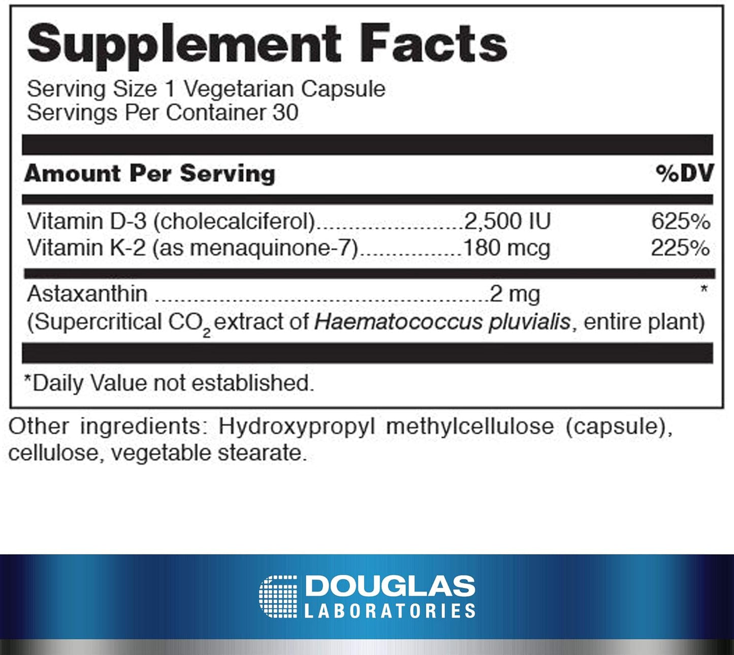 Supplement facts a bottle of Douglas Labs K2-D3 with Astaxanthin