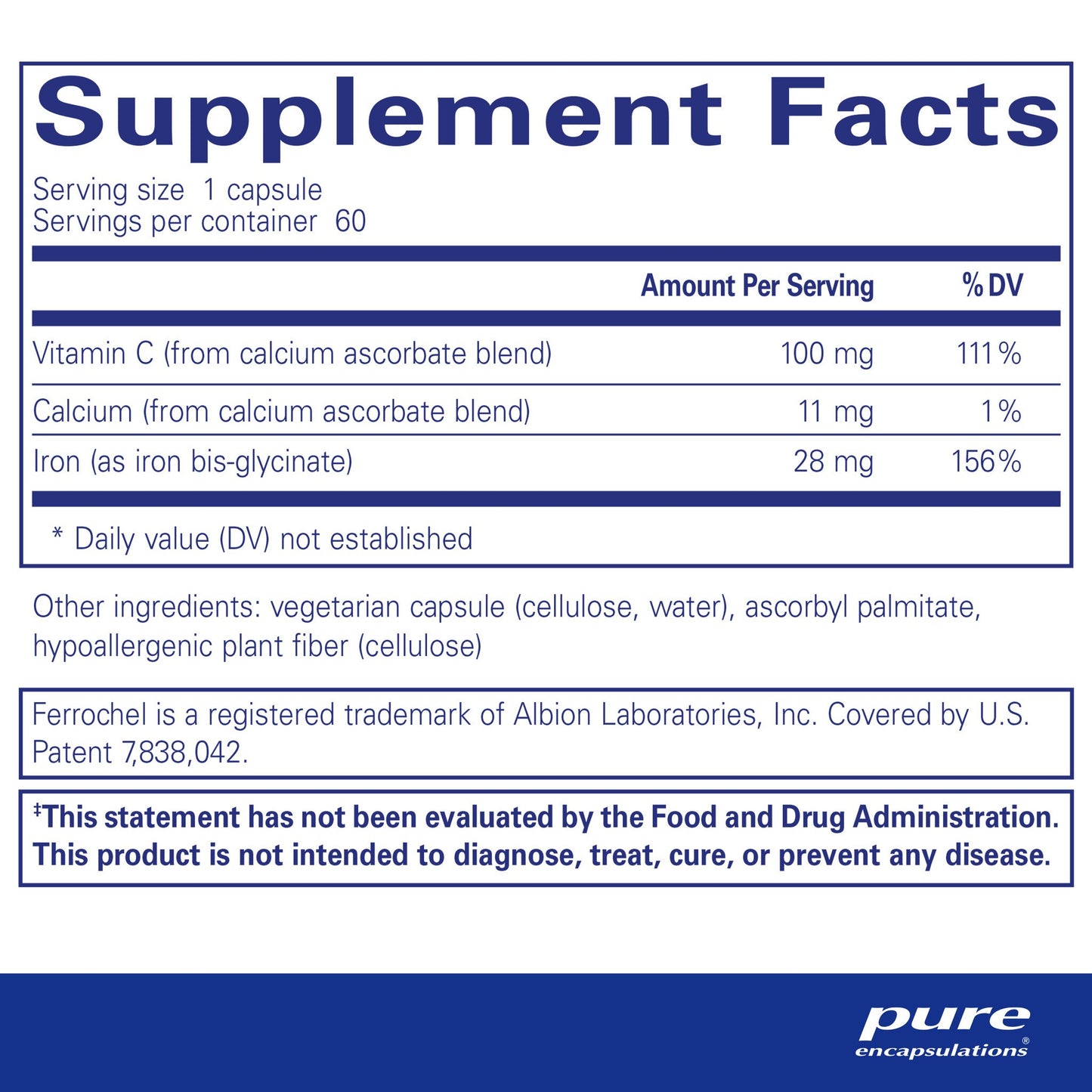 Supplement facts and ingredient information for a bottle of bottle of Pure Encapsulations OptiFerin-C dietary supplement
