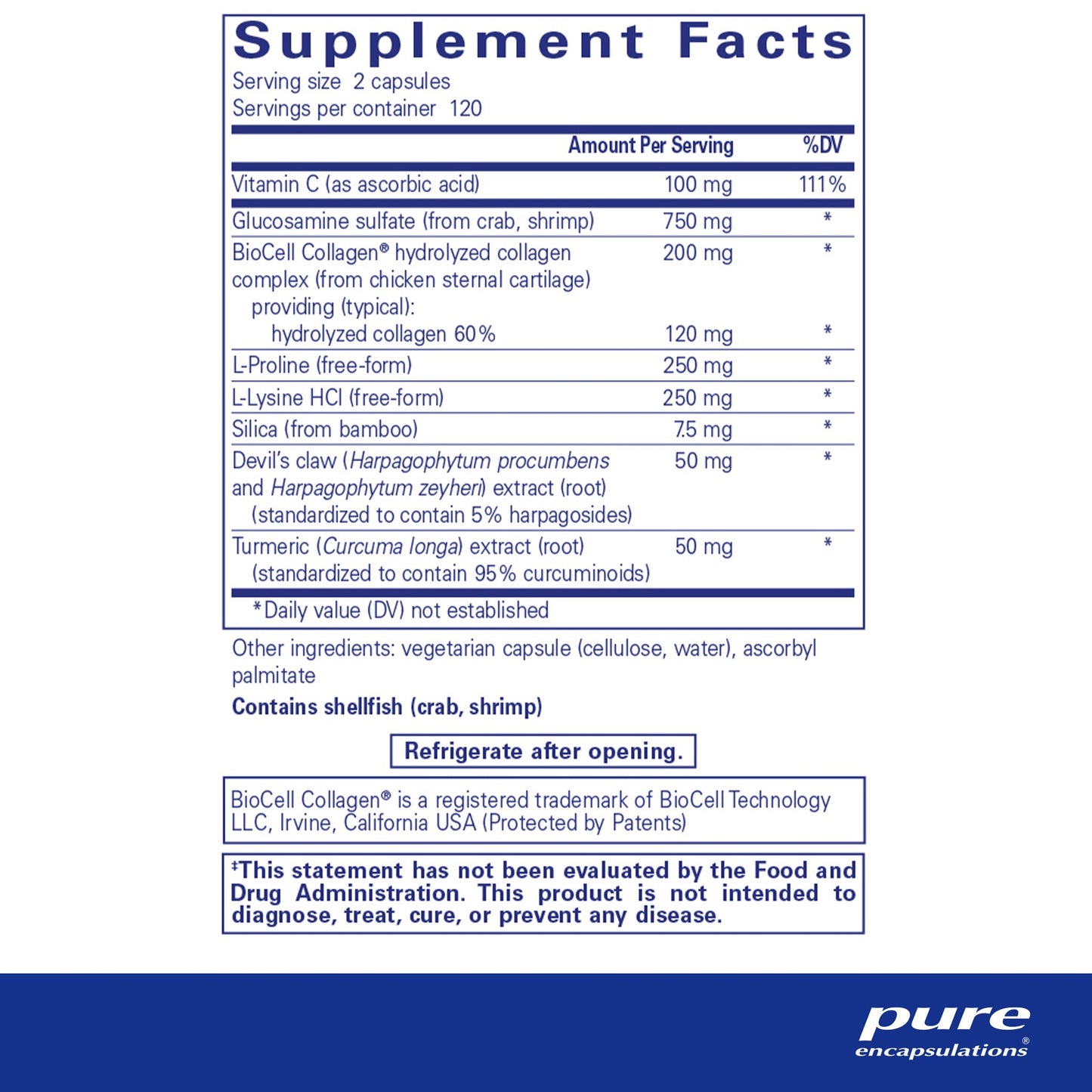 Supplment facts and ingredient information for a bottle of Pure Encapsulations Ligament Restore dietary supplement