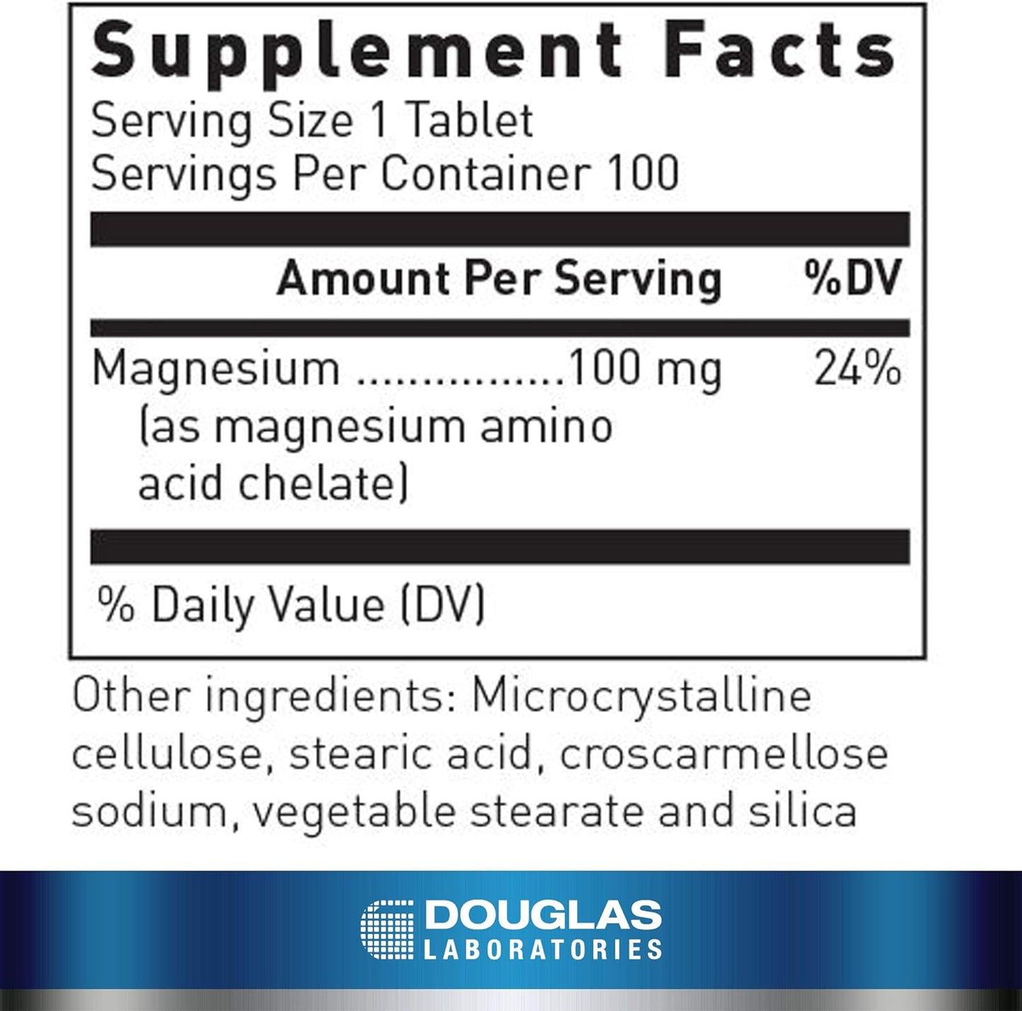 Supplement facts for a bottle of Douglas Labs Chelated Magnesium dietary supplement