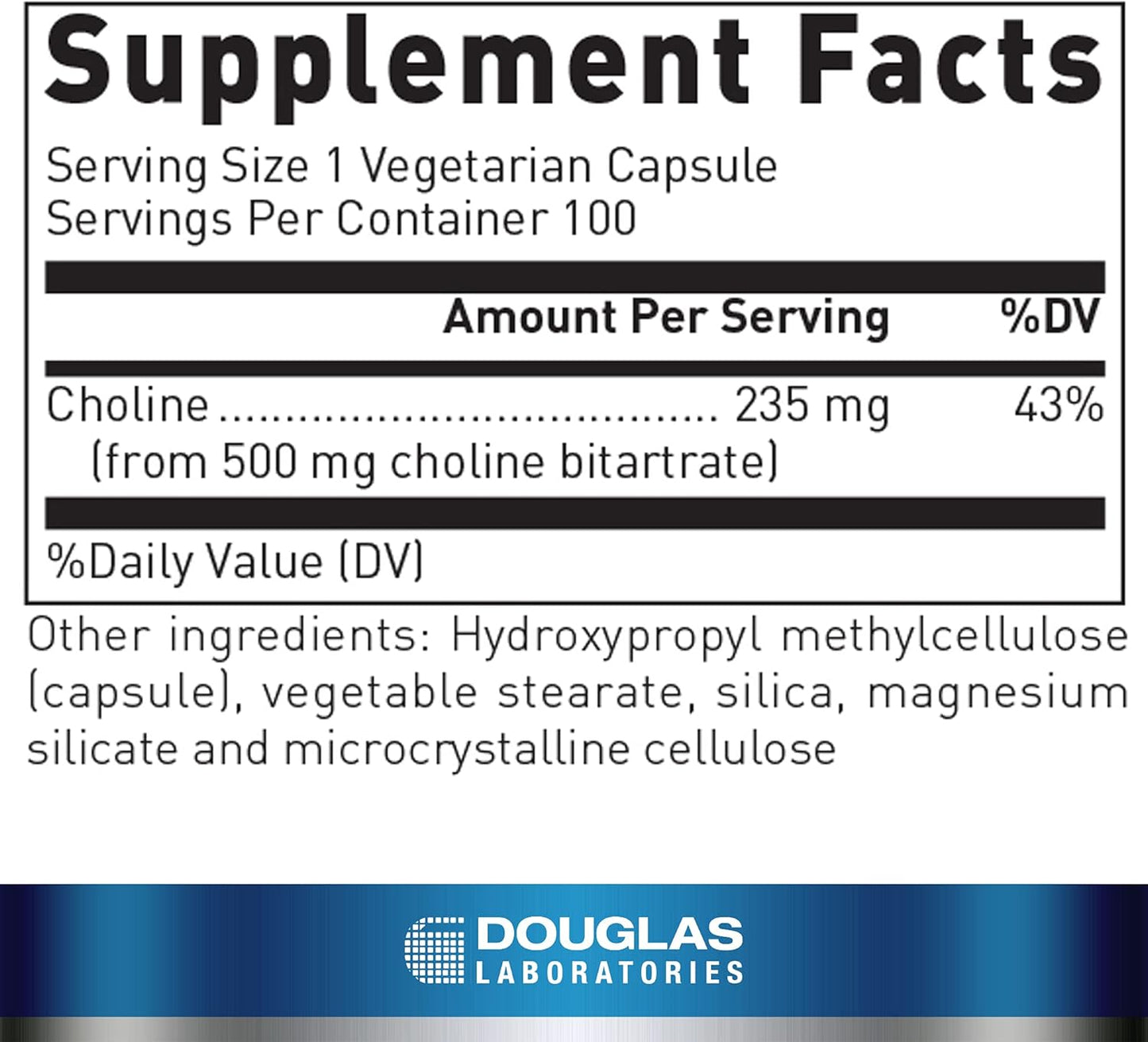 Supplement facts for a bottle of Douglas Labs Choline Bitartrate dietary supplement