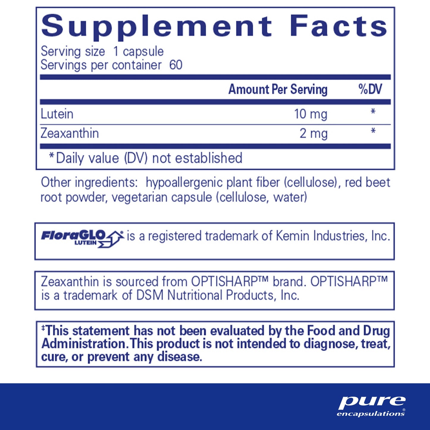 Supplement facts and ingredient information for a bottle of Pure Encapsulations Lutein/Zeaxanthin dietary supplement