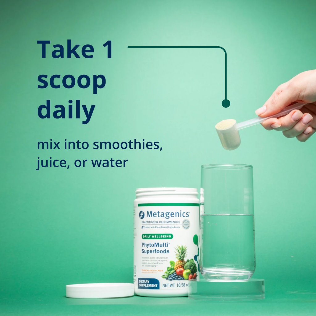 Dorections for use for a canister of Metagenics Phytomulti Superfoods. Take one scoop daily into smoothies, juice, or water