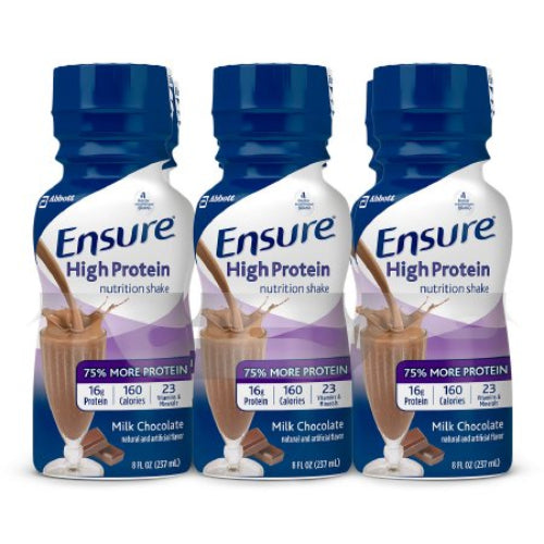 Three bottles of Ensure High Protein Shake in different flavors, with the primary focus on the Milk Chocolate flavor. The bottles are colored in blue and white, with images of the chocolate shake and pieces of chocolate on the labels.