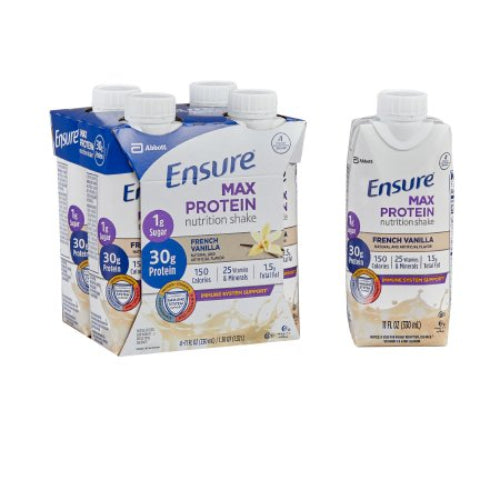 A carton and a shake bottle of Ensure Max Protein in French Vanilla flavor, with packaging that prominently displays the product information.