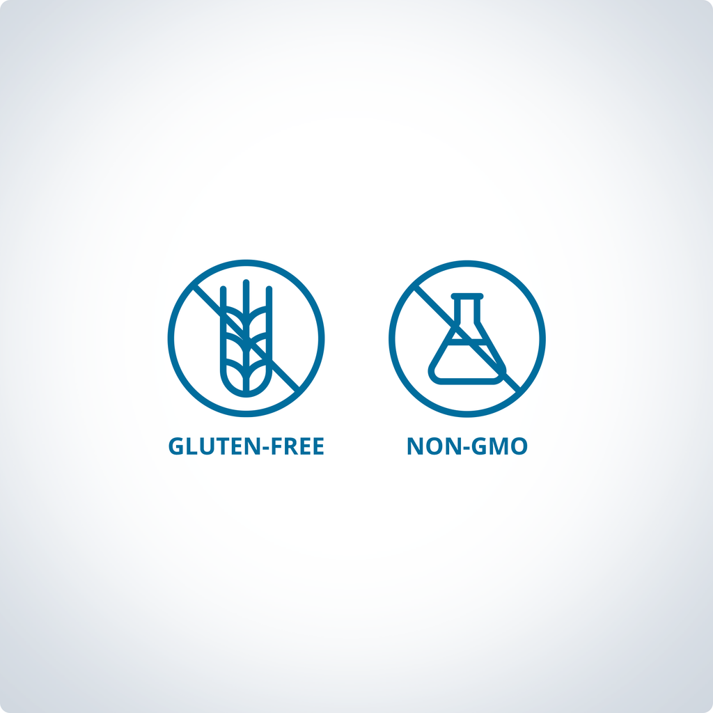 Icons for gluten-free and non-GMO products on a light gray background