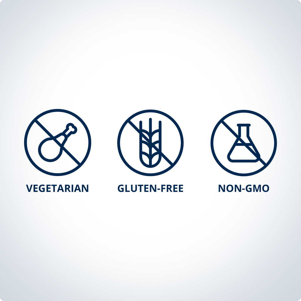 Three icons representing vegetarian, gluten-free, and non-GMO dietary labels on a white background.