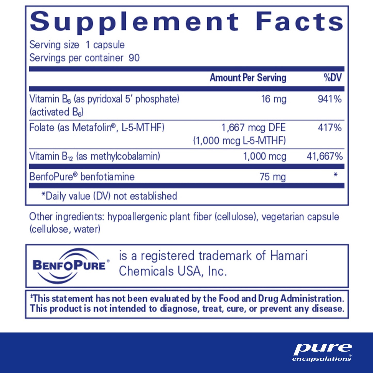 Supplement facts and ingredient information for a bottle of Pure Encapsulations MethylAssist dietary supplement