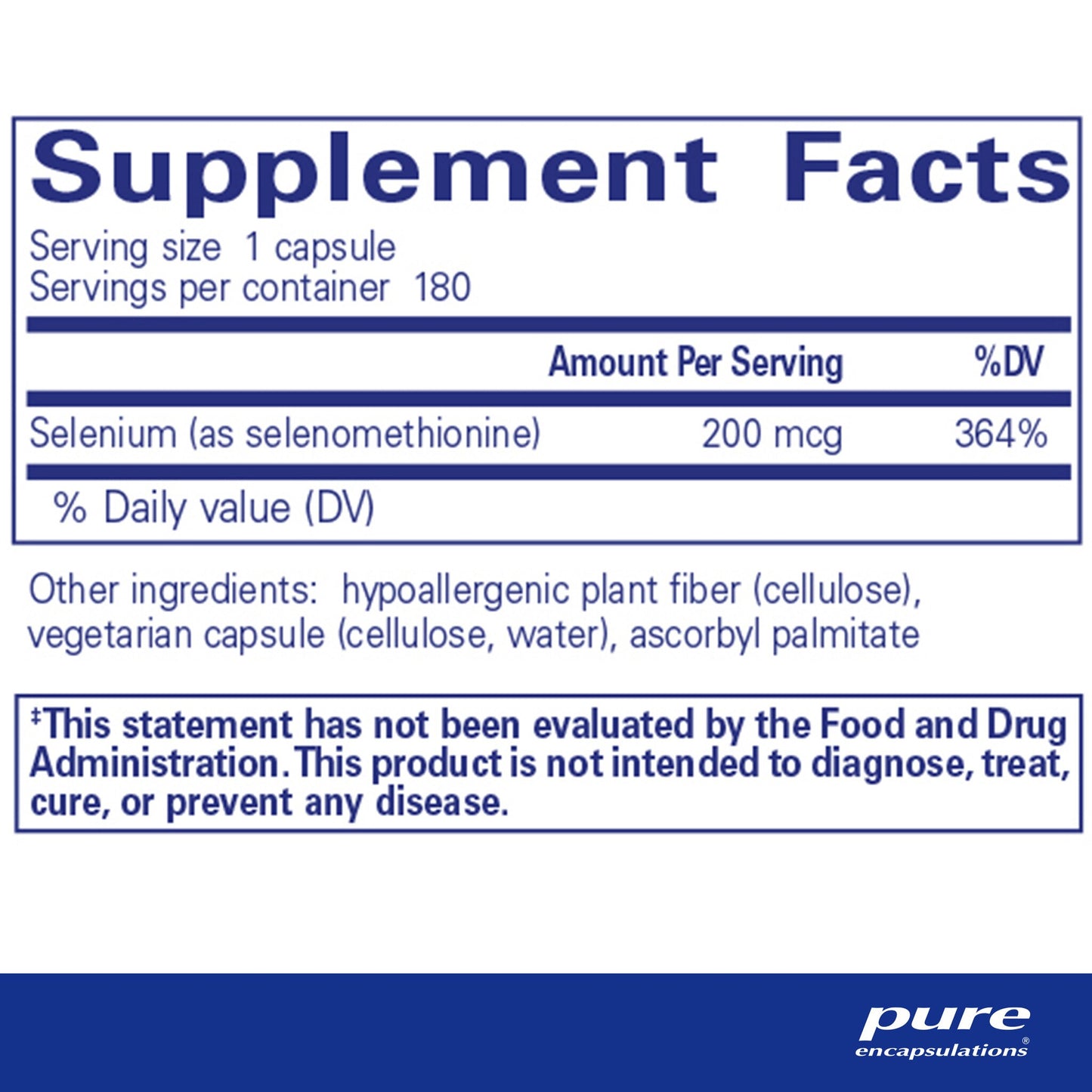 Supplement facts and ingredient information for a A bottle of Pure Encapsulations Selenium (selenomethionine) dietary supplement