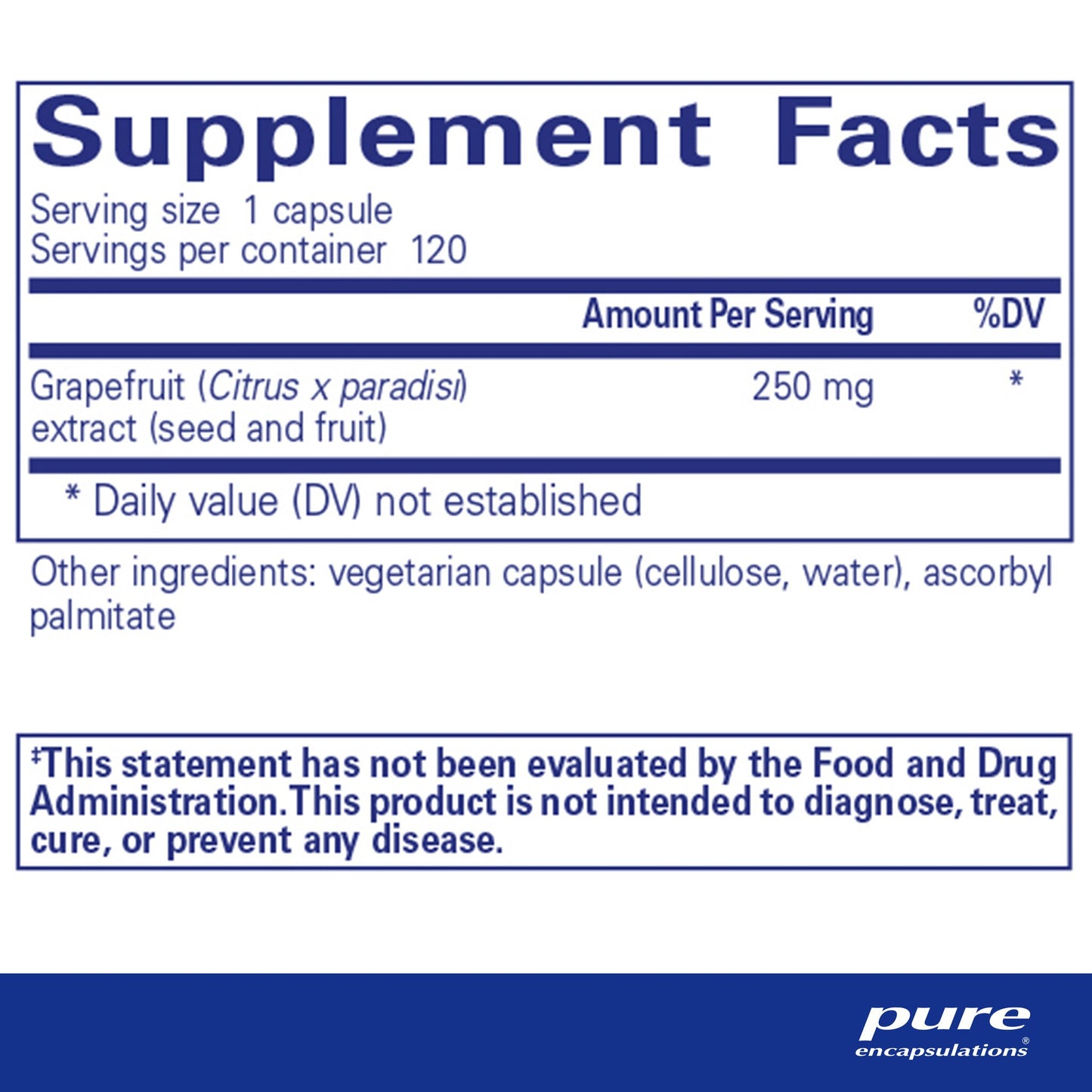 Supplement facts for a A bottle of Pure Encapsulations Grapefruit Seed Extract dietary supplement