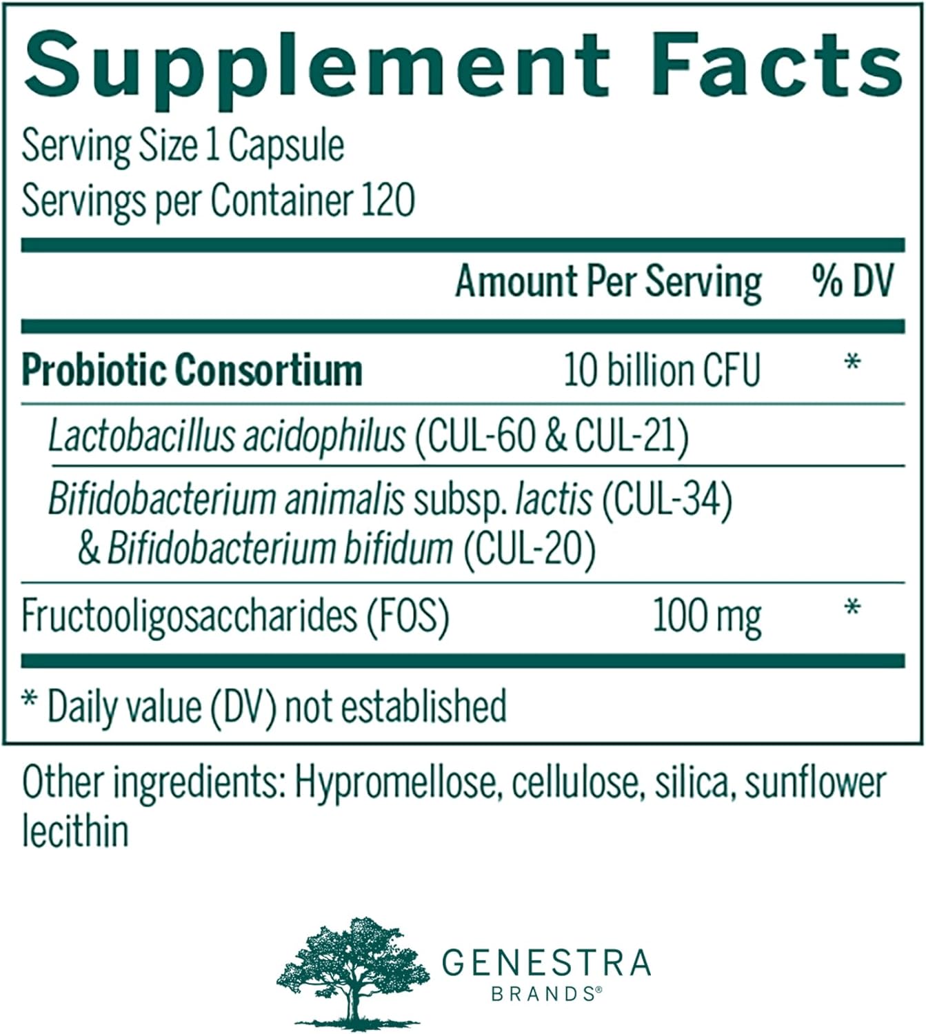 Supplement facts for a bottle of Genestra Brands HMF Forte, a daily probiotic supplemen
