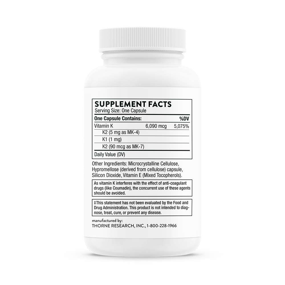 Supplement facts for a bottle of bottle of Thorne Vitamin K dietary supplement