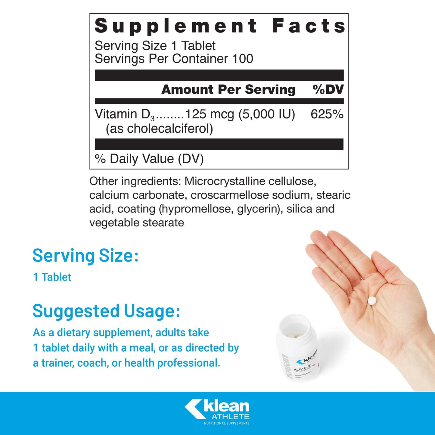 Suplpement facts for a bottle of Klean Athlete Klean-D 5000 IU dietary supplemen