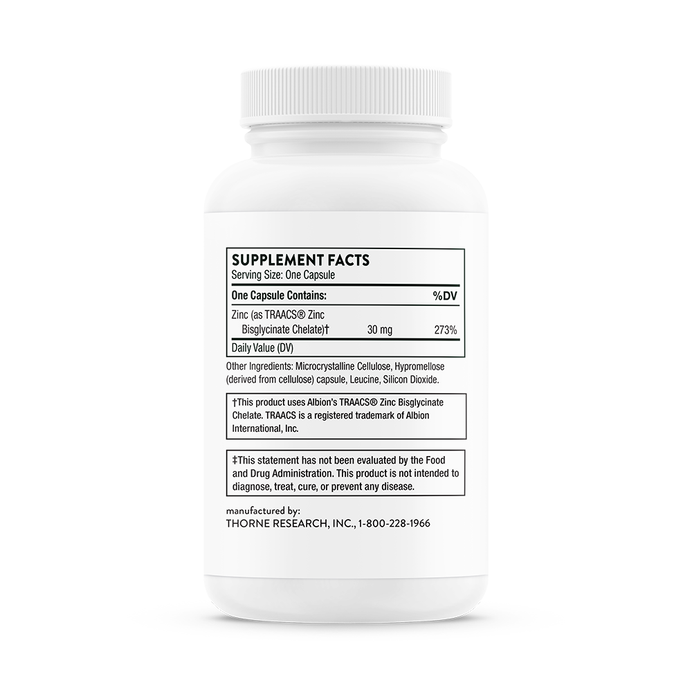 Supplement facts for a bottle of Thorne Zinc Bisglycinate
