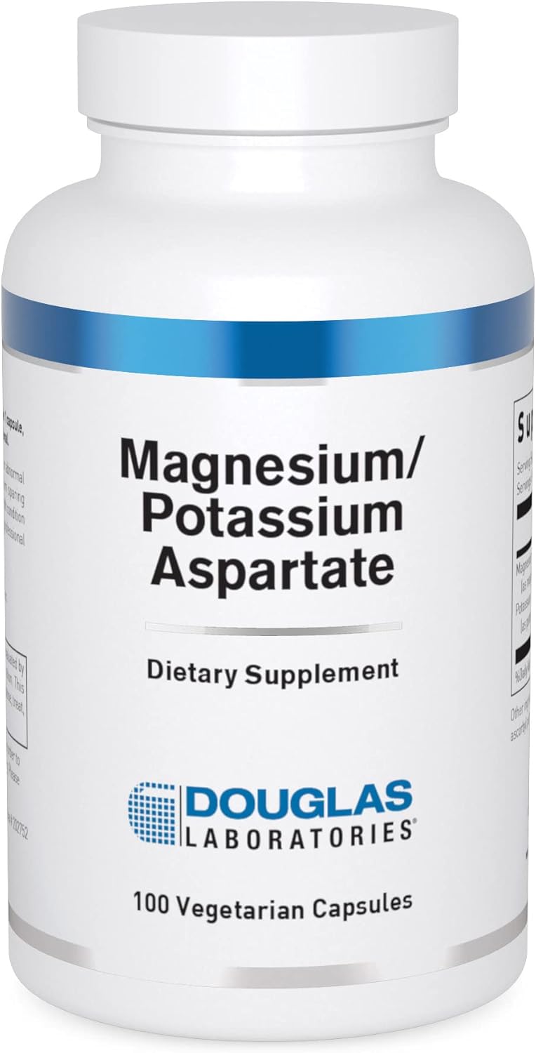 A bottle of Douglas Labs Magnesium/Potassium Aspartate dietary supplement with 100 vegetarian capsules.