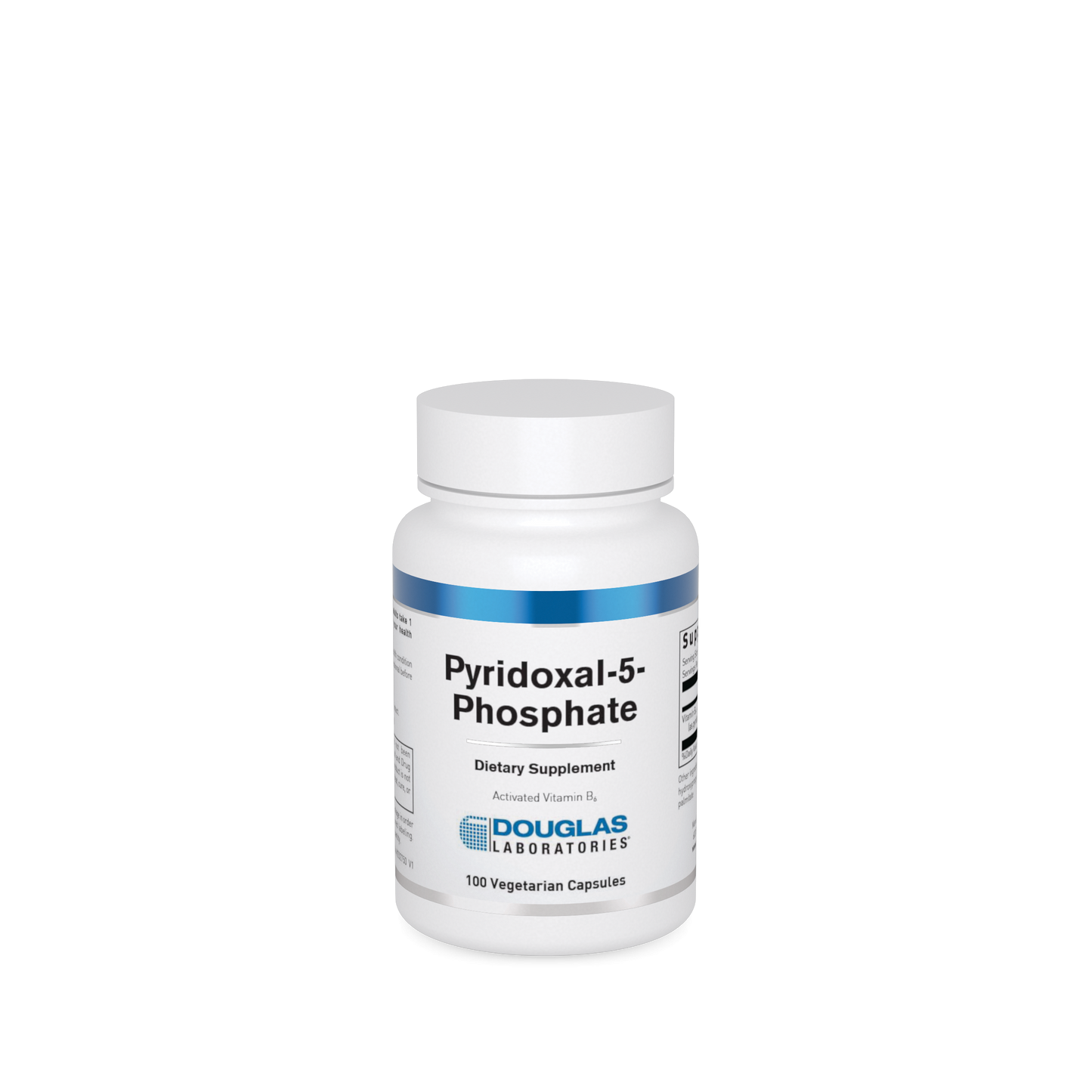A bottle of Douglas Labs Pyridoxal-5-Phosphate dietary supplement with 100 capsules, indicating activated Vitamin B6.