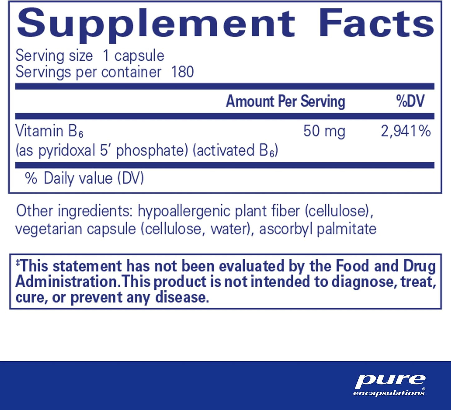 Supplement facts and ingredient information for a bottle of Pure Encapsulations P-5-P 50 dietary supplement