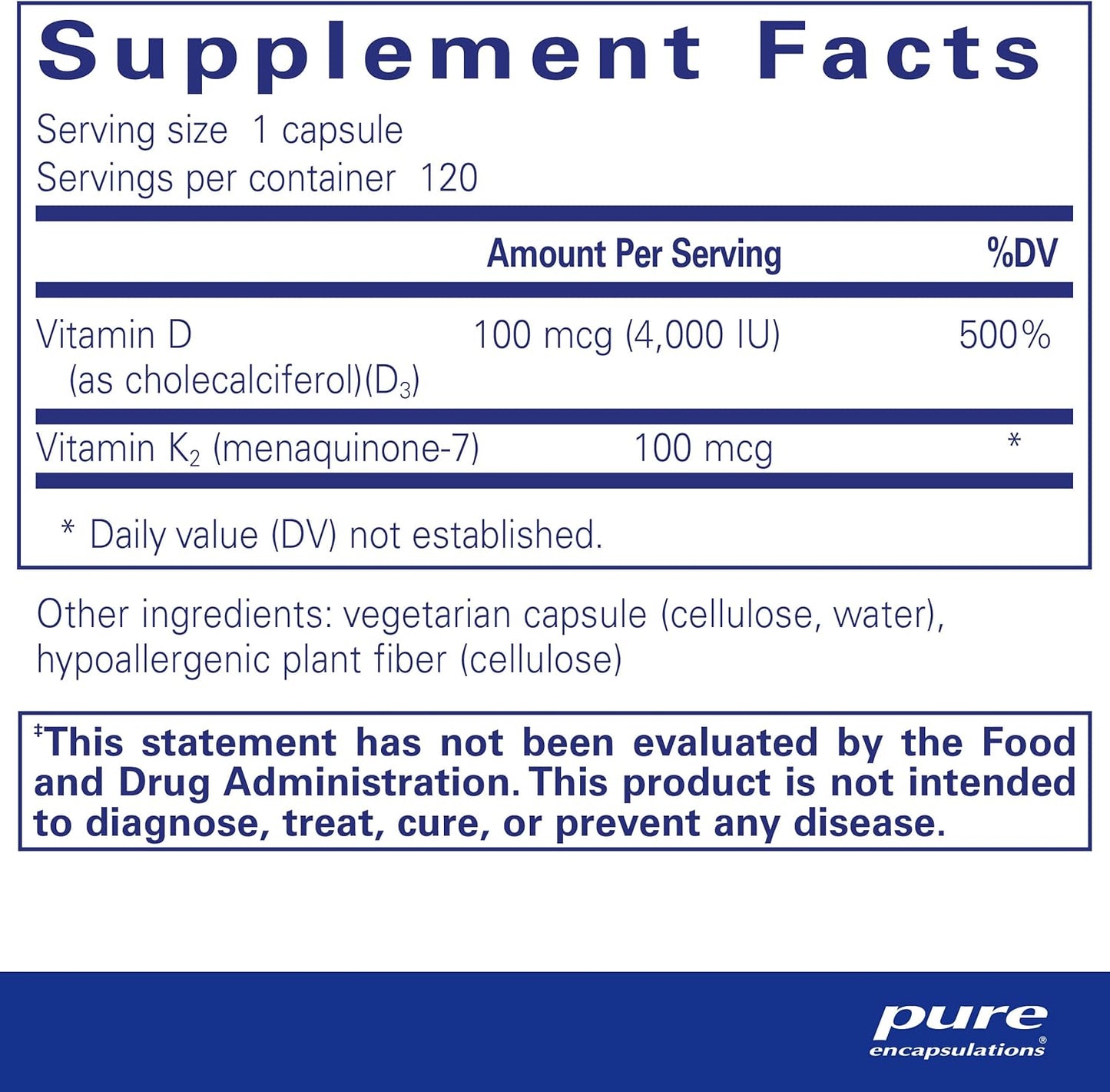 Suplement facts for a bottle of Pure Encapsulations Vitamin D3 & K2