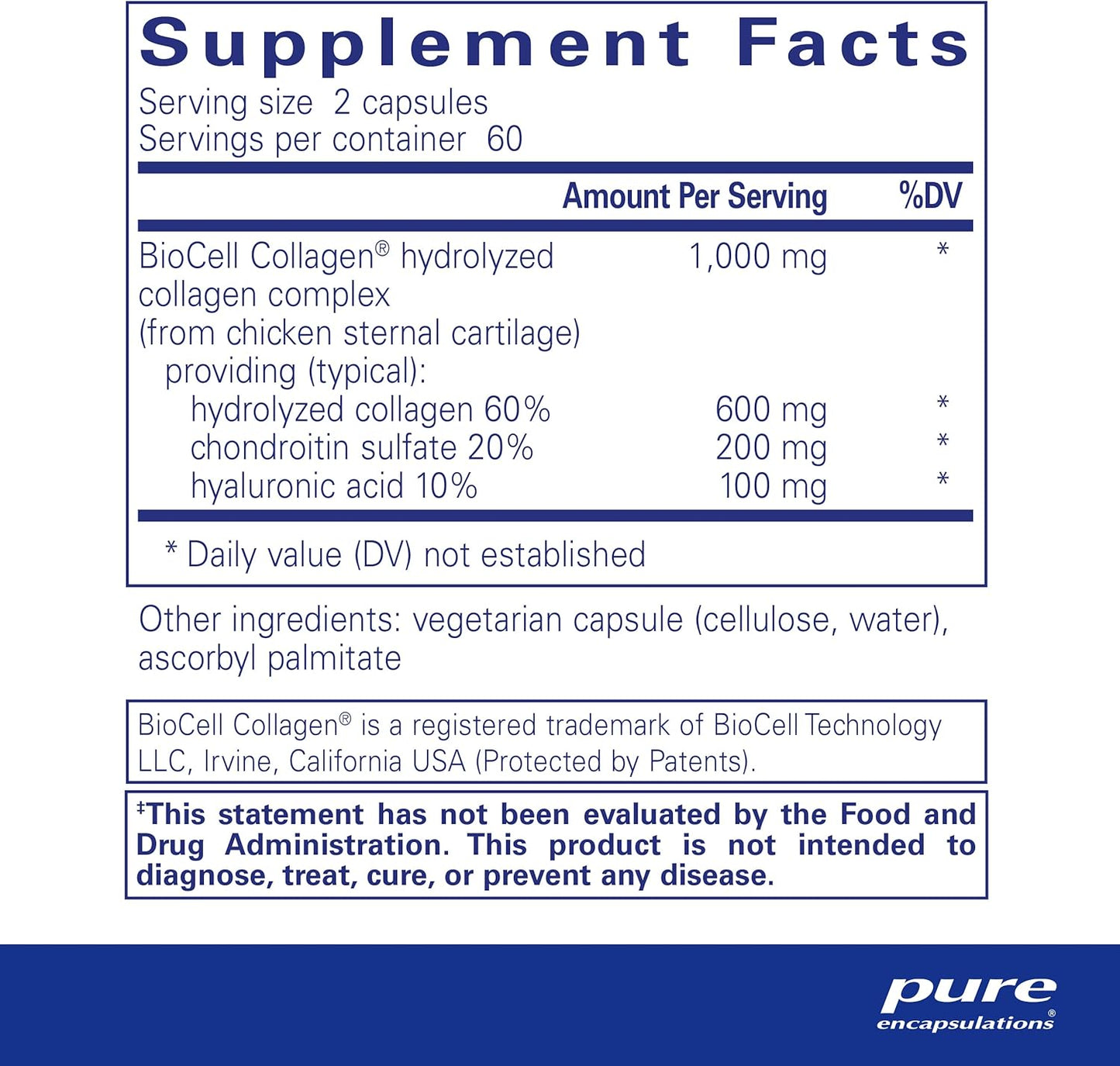 Supplement facts for a bottle of Pure Encapsulations Collagen JS dietary supplement