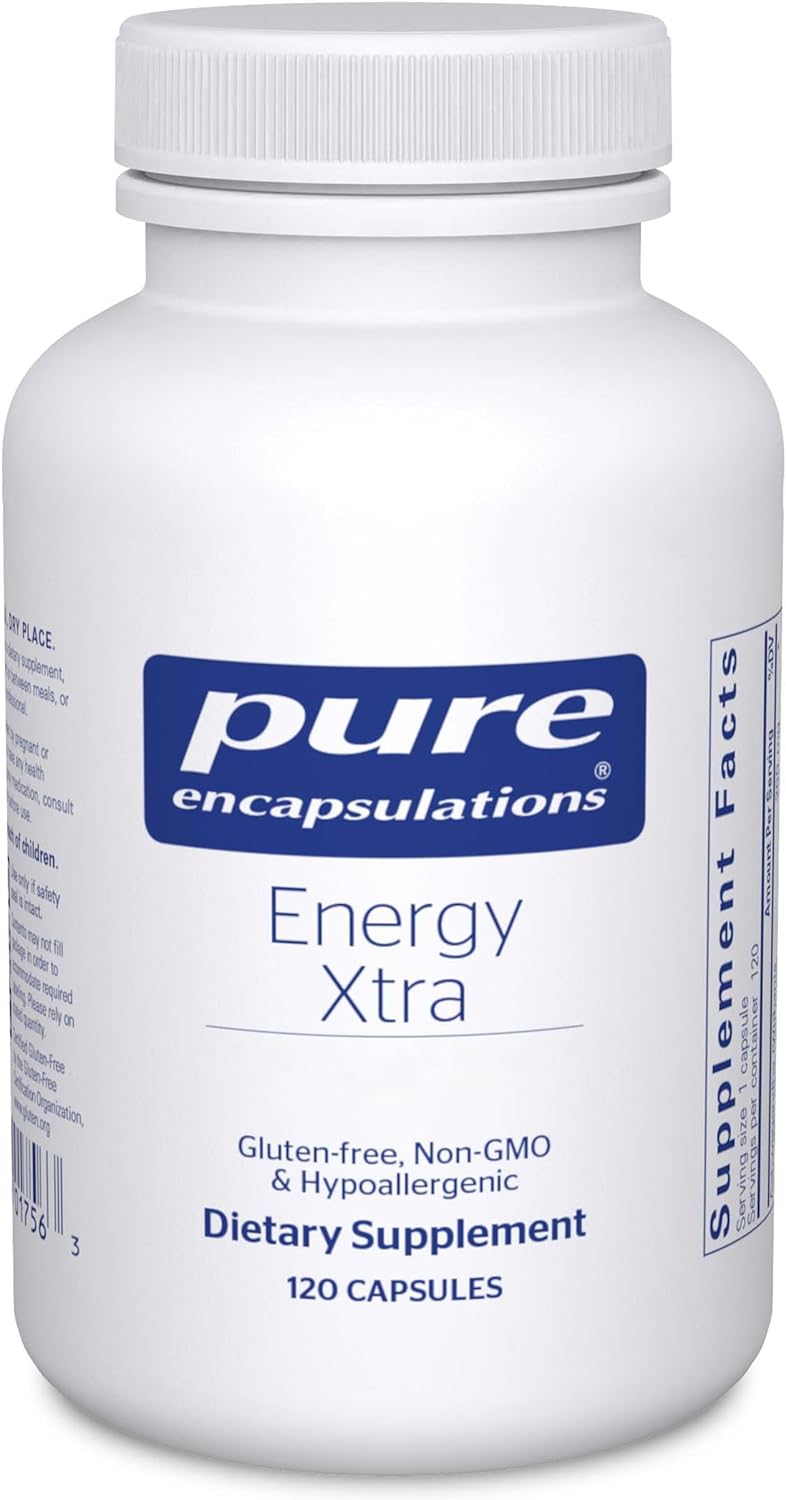 A bottle of Pure Encapsulations Energy Xtra dietary supplement with 120 capsules, labeled as gluten-free and non-GMO.