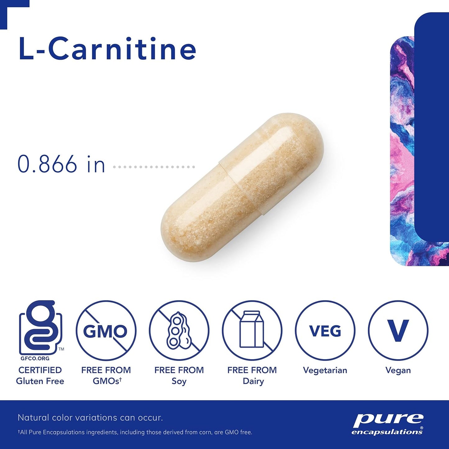 A picture of a tan, bottle of Pure Encapsulations L-Carnitine dietary supplement capsule that is GD, GMO free, soy free, dairy free, vegetarian and Vegan