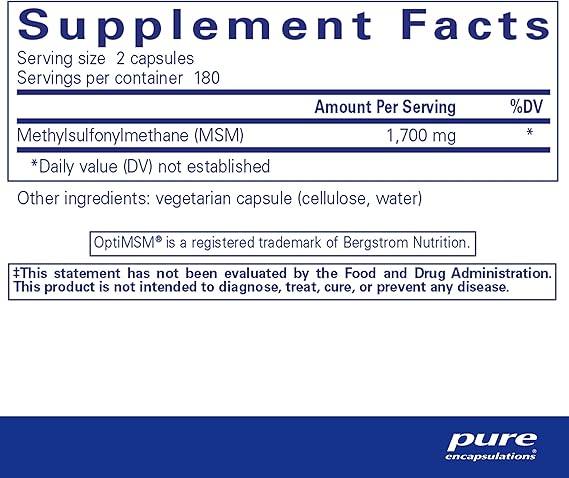 Supplement facts for a bottle of Pure Encapsulations MSM Capsules dietary supplement