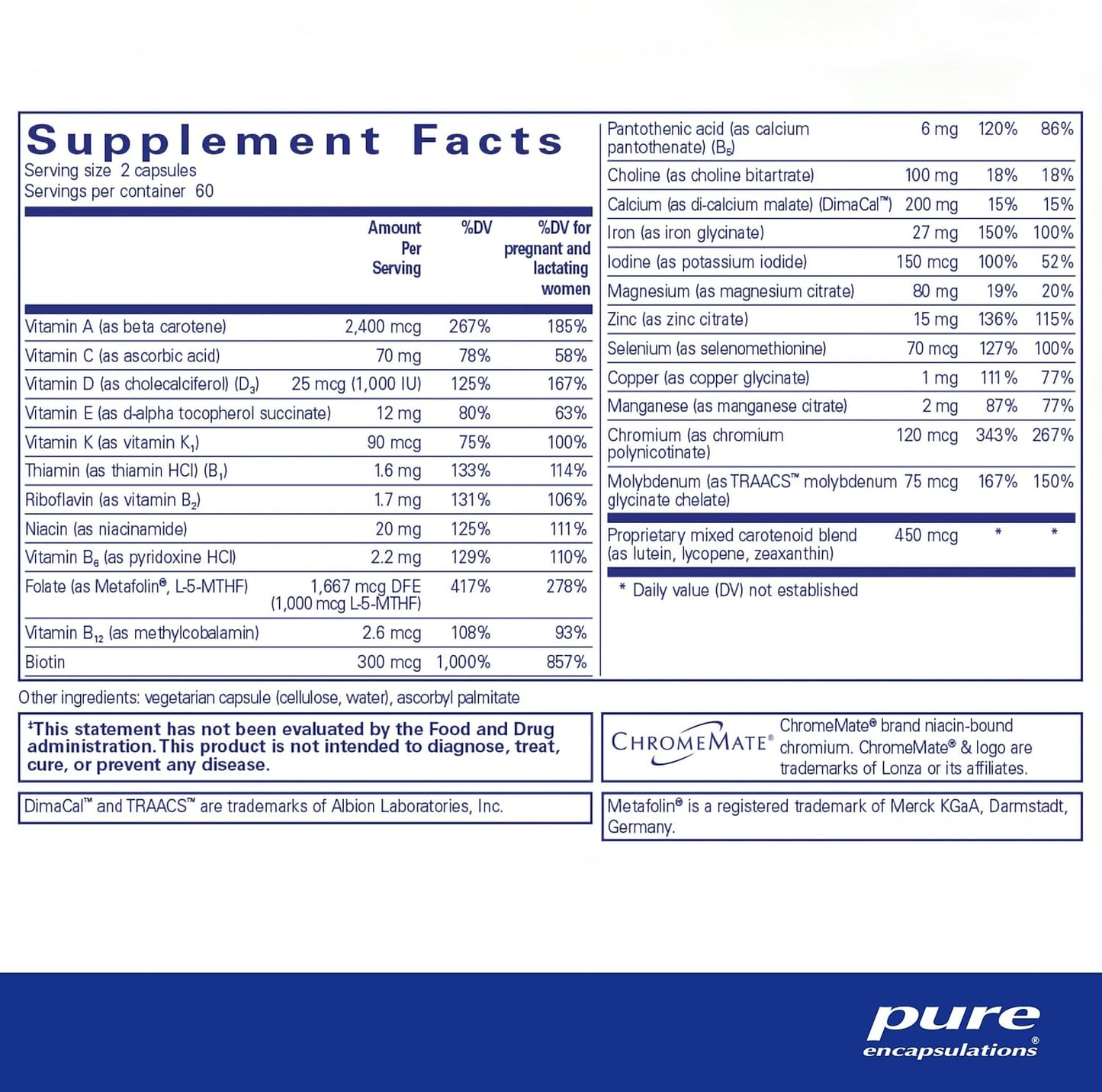 Supplement facts and ingredient information for a bottle of Pure Encapsulations PreNatal Nutrients dietary supplement
